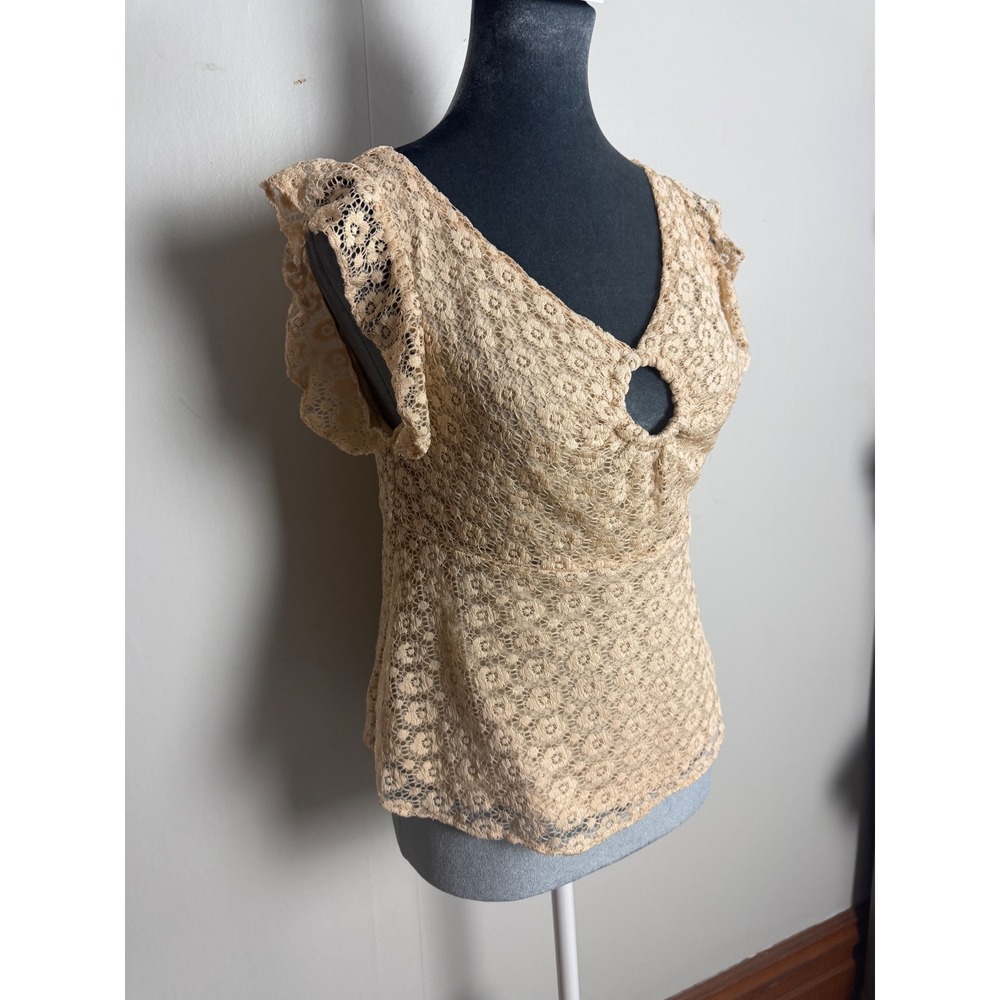 Magnolia Beige Floral Lace Keyhole Ruffle Sleeve Peplum Top Blouse boho large